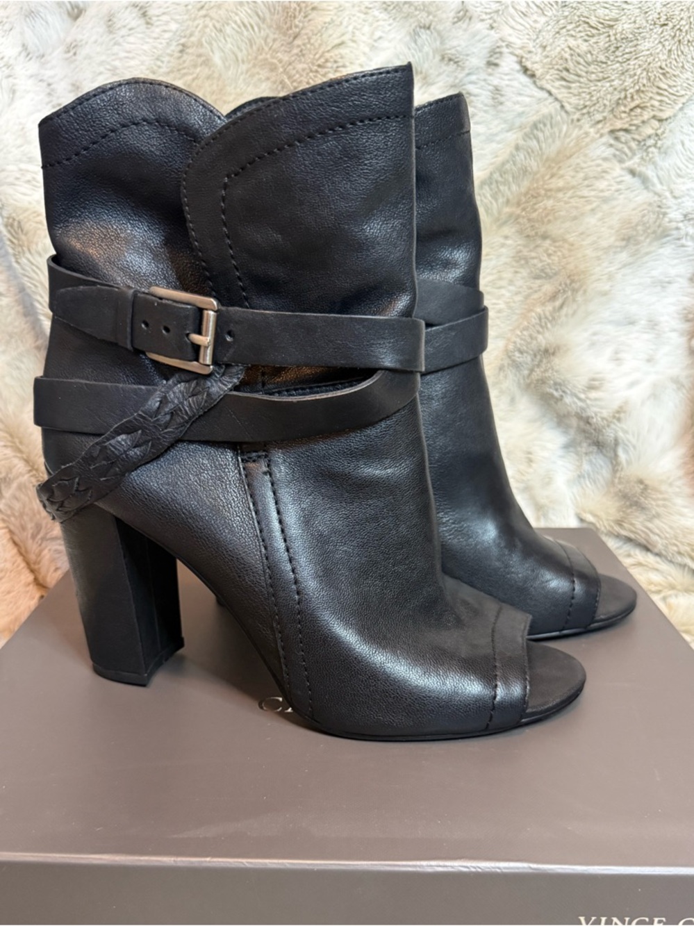 Vince Camuto Black Leather Open-Toe Ankle Booties with Braided Strap